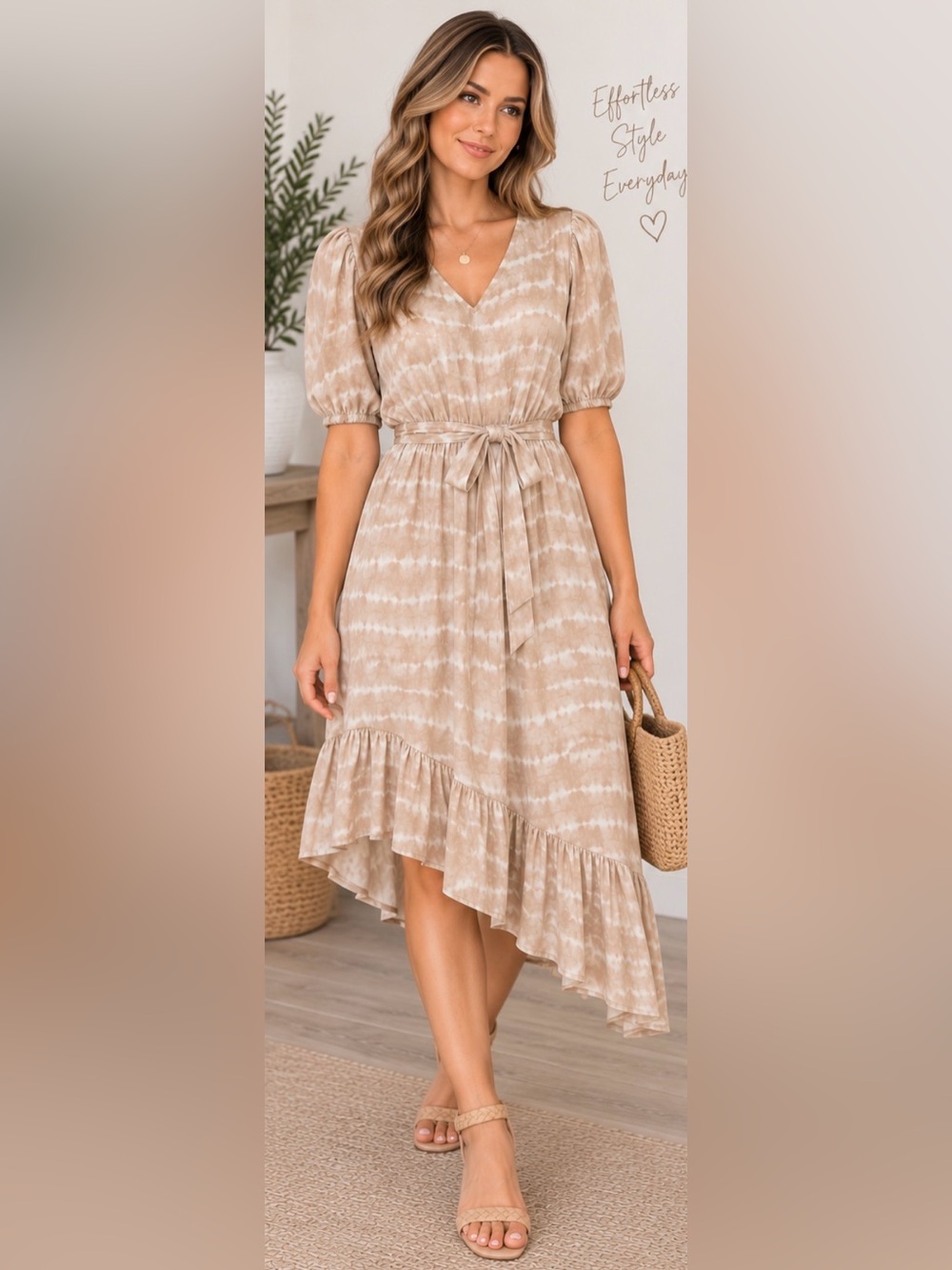 536 Simply Vera Vera Wang Medium Tie Dye Midi Dress Puff Sleeve Belted Boho